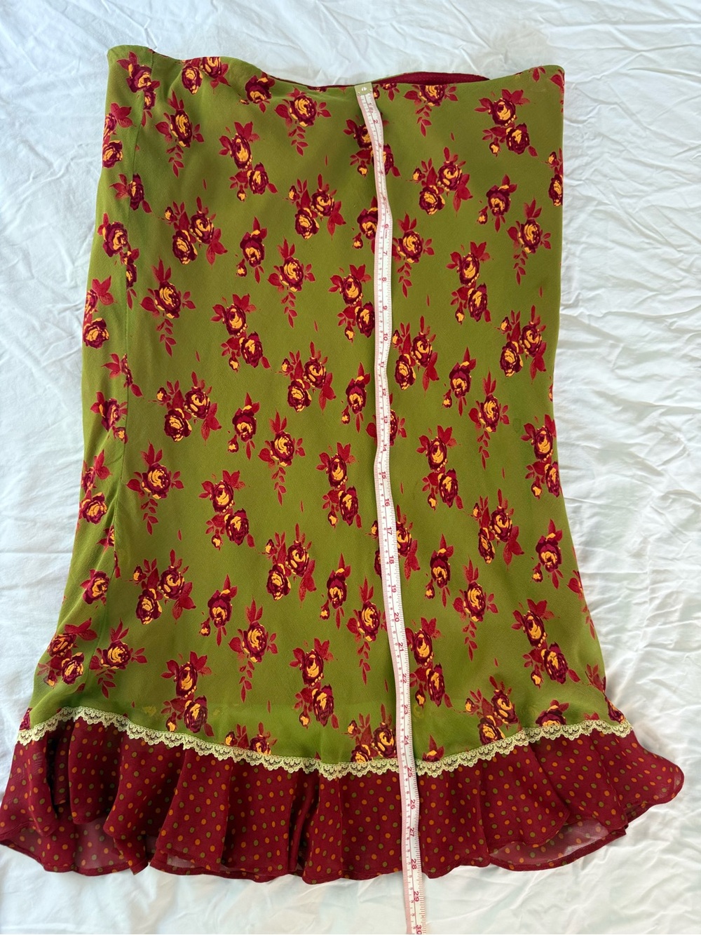Anthropologie Olive Green Floral A-Line Skirt with Red-Burgundy Ruffle - Picture 6 of 8